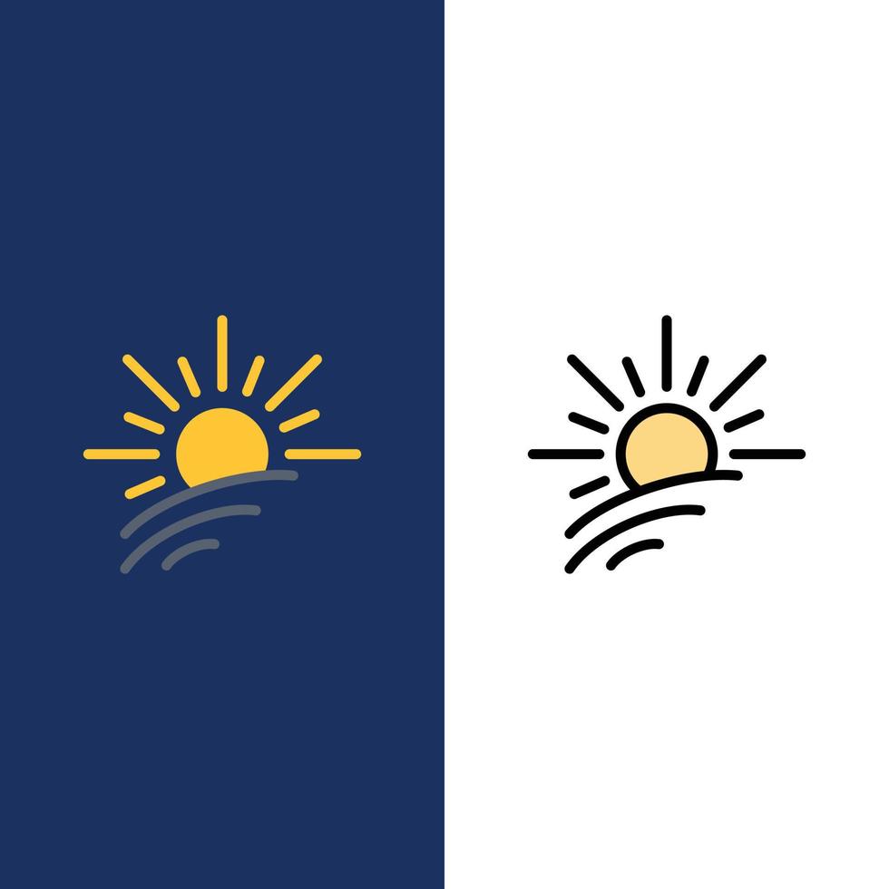luminosità leggero sole primavera icone piatto e linea pieno icona impostato vettore blu sfondo