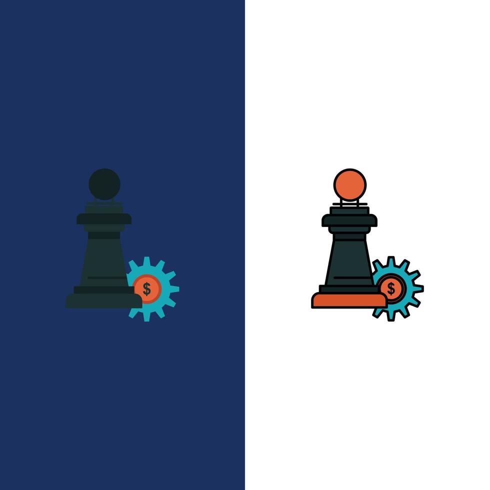 scacchi attività commerciale strategia successo icone piatto e linea pieno icona impostato vettore blu sfondo