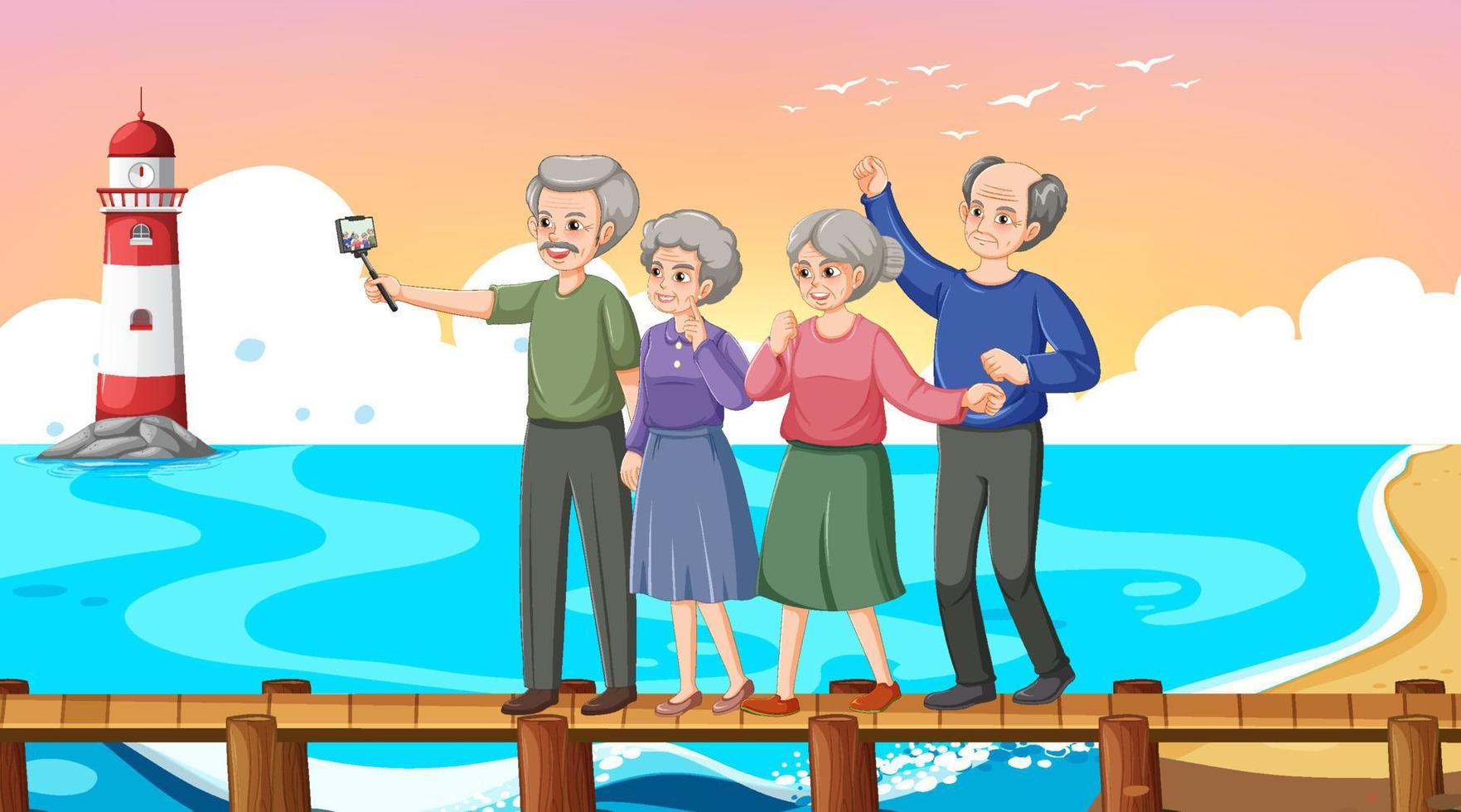 anziano gruppo turista su il spiaggia vettore