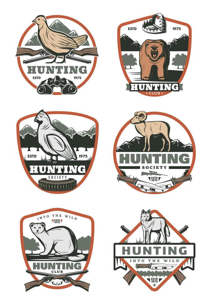 a caccia club Vintage ▾ distintivo con uccello e animale vettore
