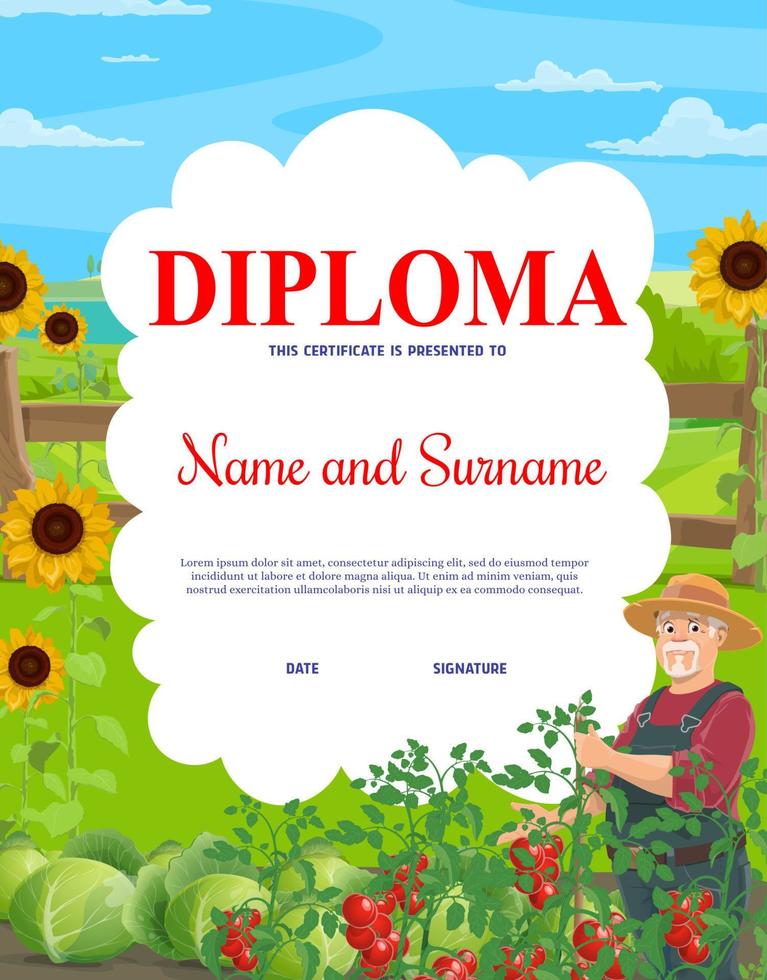 bambini diploma per giovane contadino, campo e giardino vettore