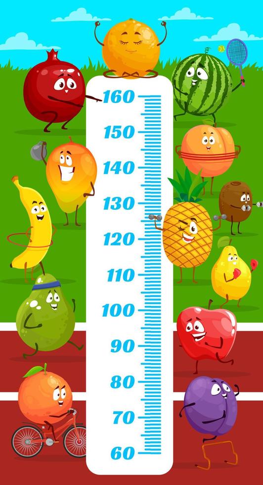 bambini altezza grafico, cartone animato frutta su stadio campo vettore