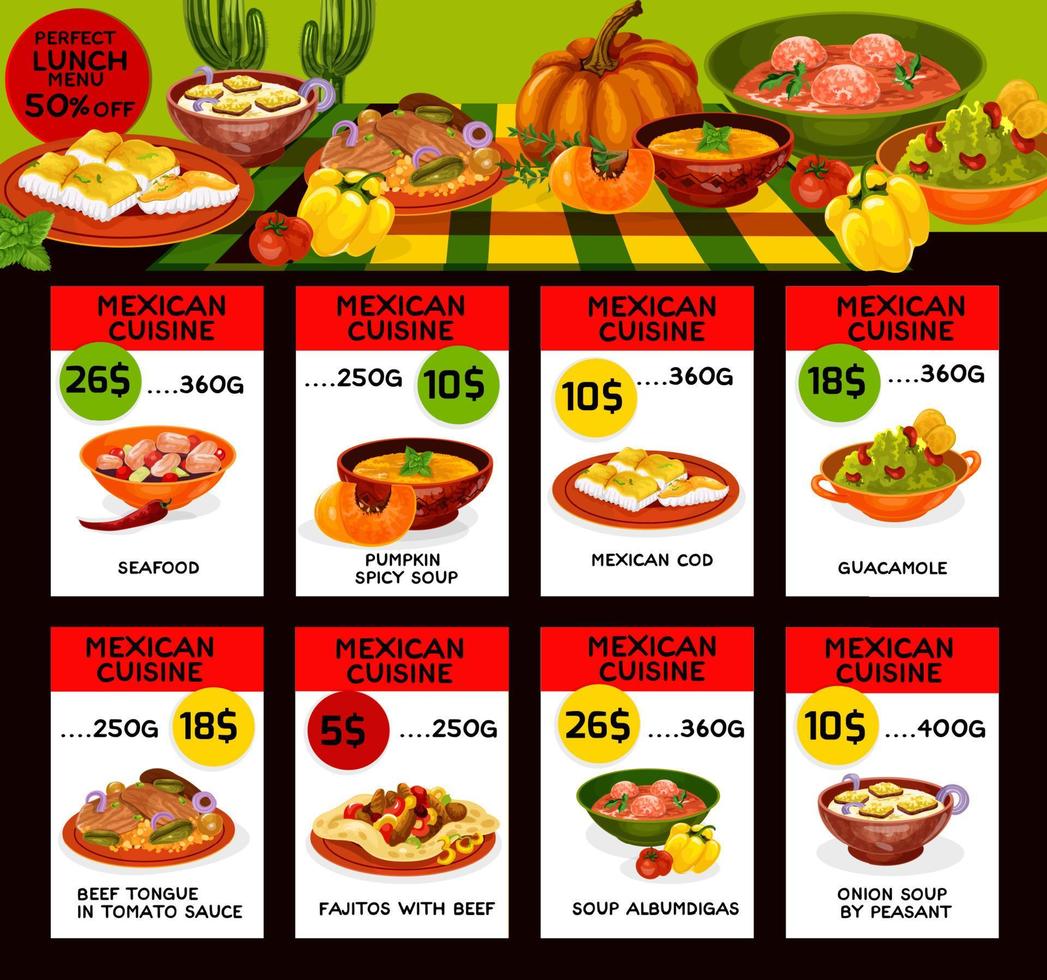 vettore menù prezzo carte per messicano cucina