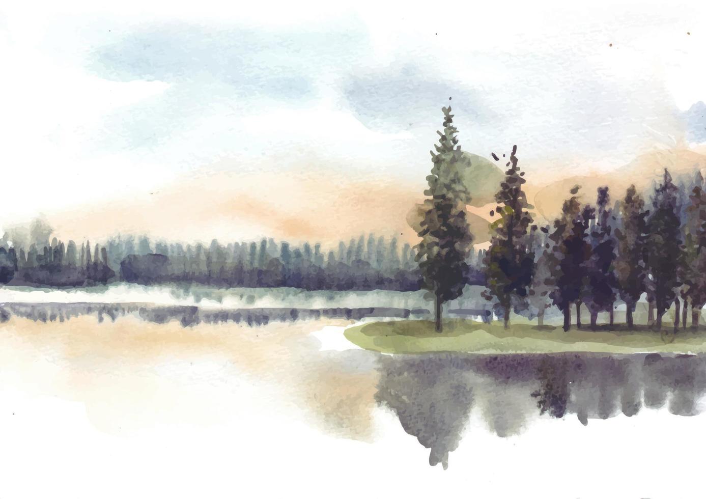 riflessione di pino alberi nel lago acquerello vettore