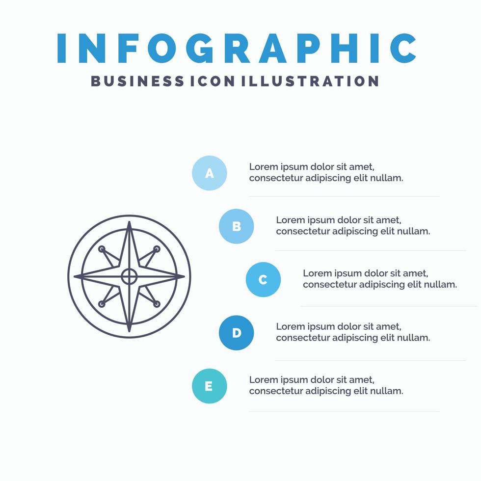 bussola Posizione navigazione navigatore posizione linea icona con 5 passaggi presentazione infografica indietro vettore