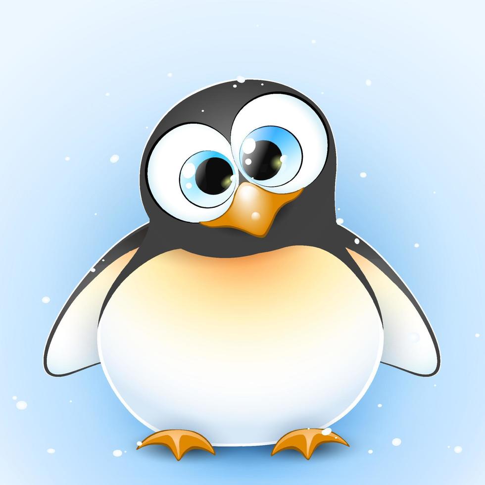carino poco cartone animato curioso pinguino su il blu neve sfondo vettore