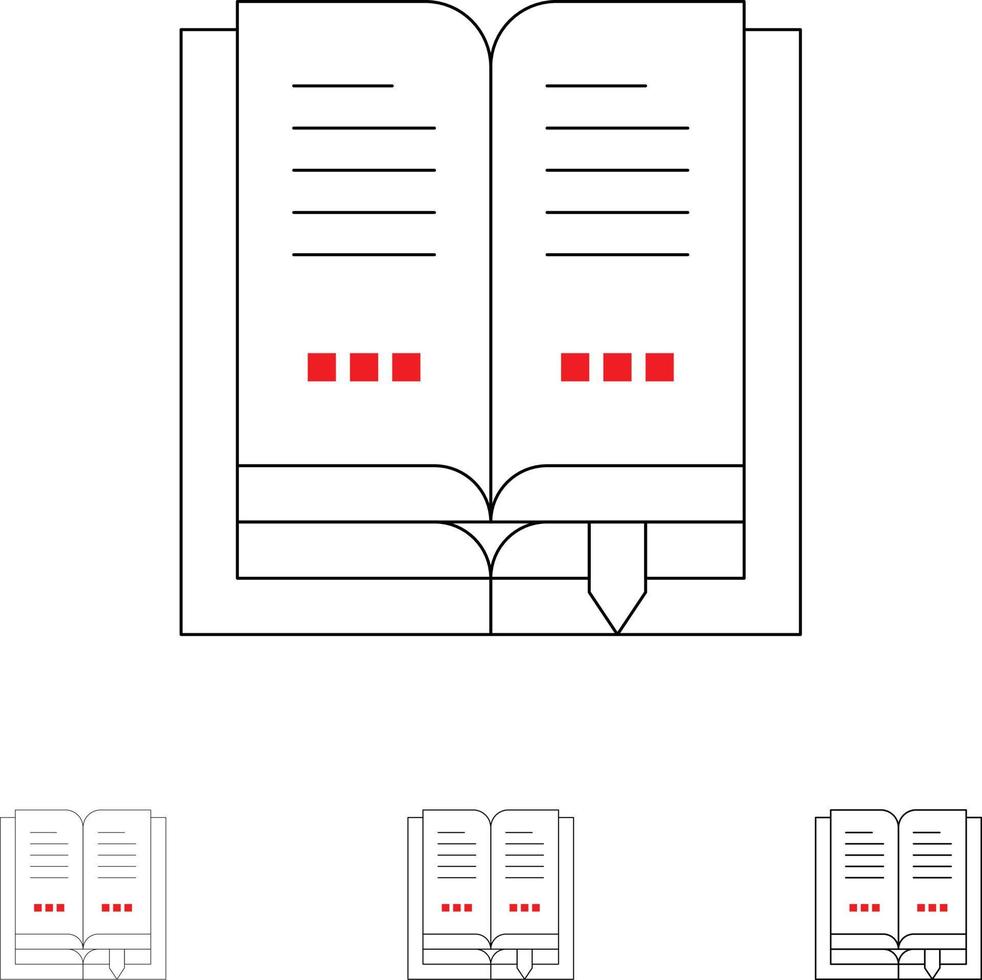 libro formazione scolastica Aperto grassetto e magro nero linea icona impostato vettore