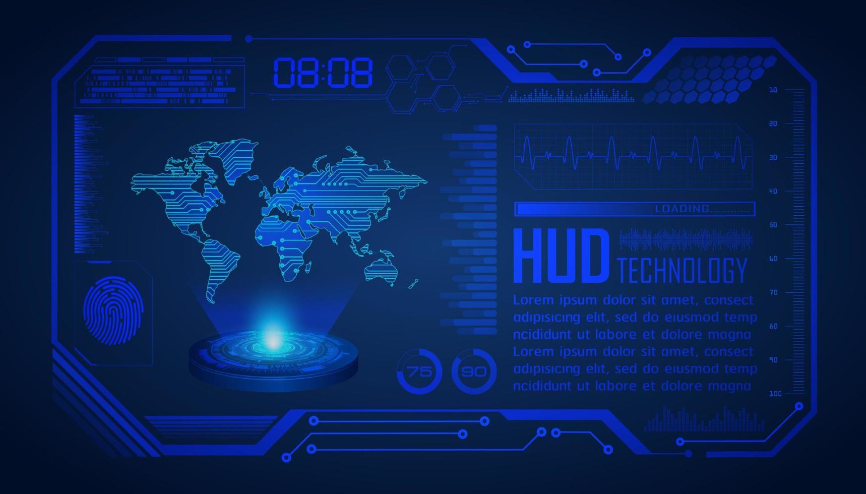 moderno mondo carta geografica olografico proiettore su tecnologia sfondo vettore