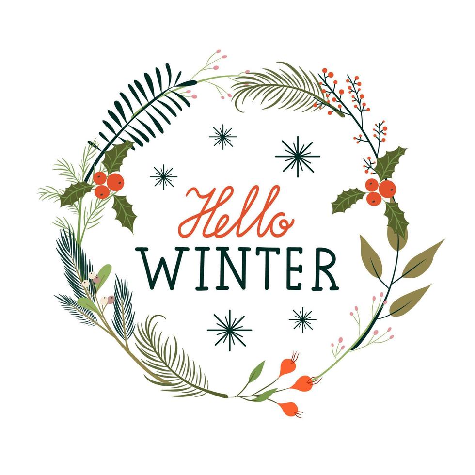 Natale ghirlanda vettore illustrazione con lettering - Ciao inverno. unico design per il tuo saluto carte, striscioni, volantini nel moderno stile