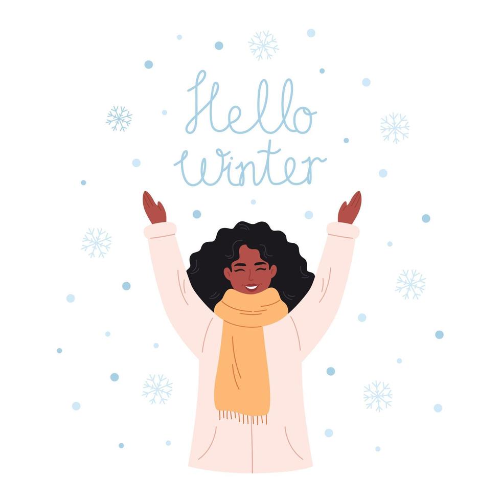 nero donna saluto inverno stagione. contento donna giocando con fiocchi di neve. Ciao inverno saluto carta. inverno tempo vettore