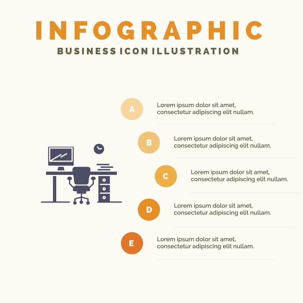 ufficio spazio sedia ufficio tavolo camera solido icona infografica 5 passaggi presentazione sfondo vettore