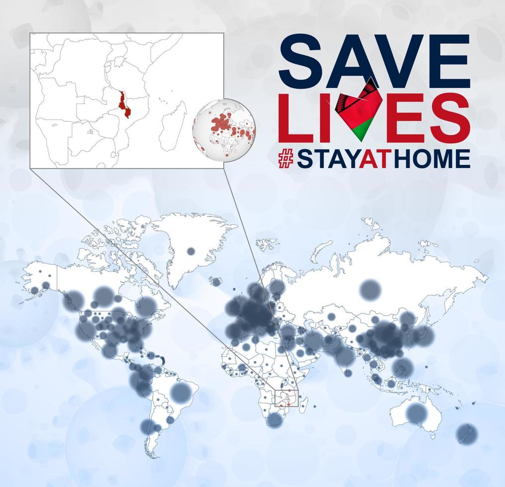 mondo carta geografica con casi di coronavirus messa a fuoco su Malawi, covid-19 malattia nel Malawi. slogan Salva vite con bandiera di Malawi. vettore