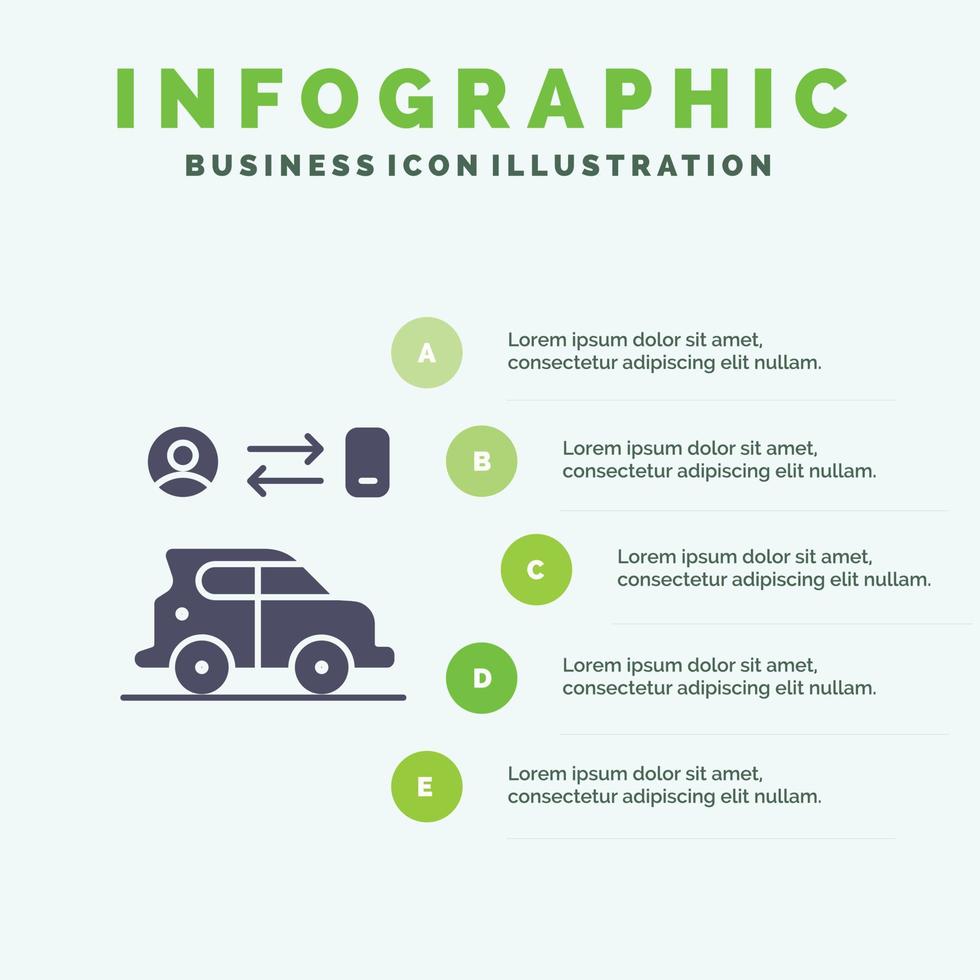 auto trasporto uomo tecnologia solido icona infografica 5 passaggi presentazione sfondo vettore