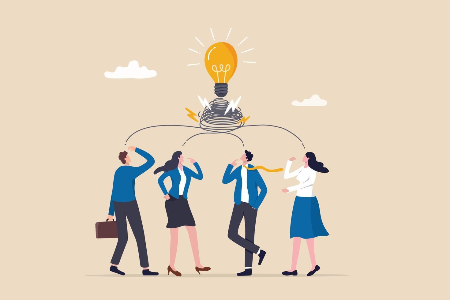 di brainstorming idea, squadra incontro o discussione per attività commerciale soluzione o ispirazione, lavoro di squadra creatività o collaborazione per successo concetto, attività commerciale uomini e donne di brainstorming nuovo lampadina idea. vettore