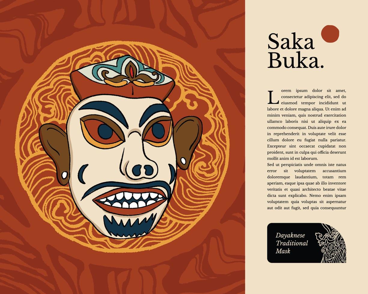 saka buka dayaknese tradizionale maschera Indonesia cultura handrawn illustrazione design ispirazione vettore