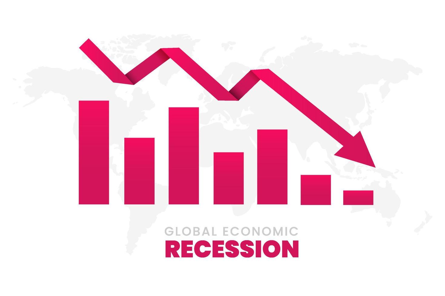 mondo economico recessione sfondo. globale finanziario crisi con grafico sbarra, in movimento giù freccia e mondo carta geografica. carta arte stile. vettore illustrazione