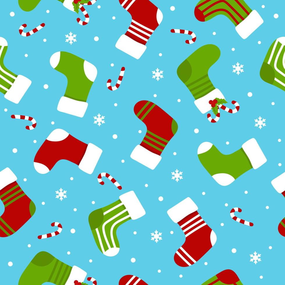 Natale calze autoreggenti, caramella canne e bianca i fiocchi di neve su blu sfondo senza soluzione di continuità modello. vettore Natale regalo calzini. piatto vettore illustrazione.
