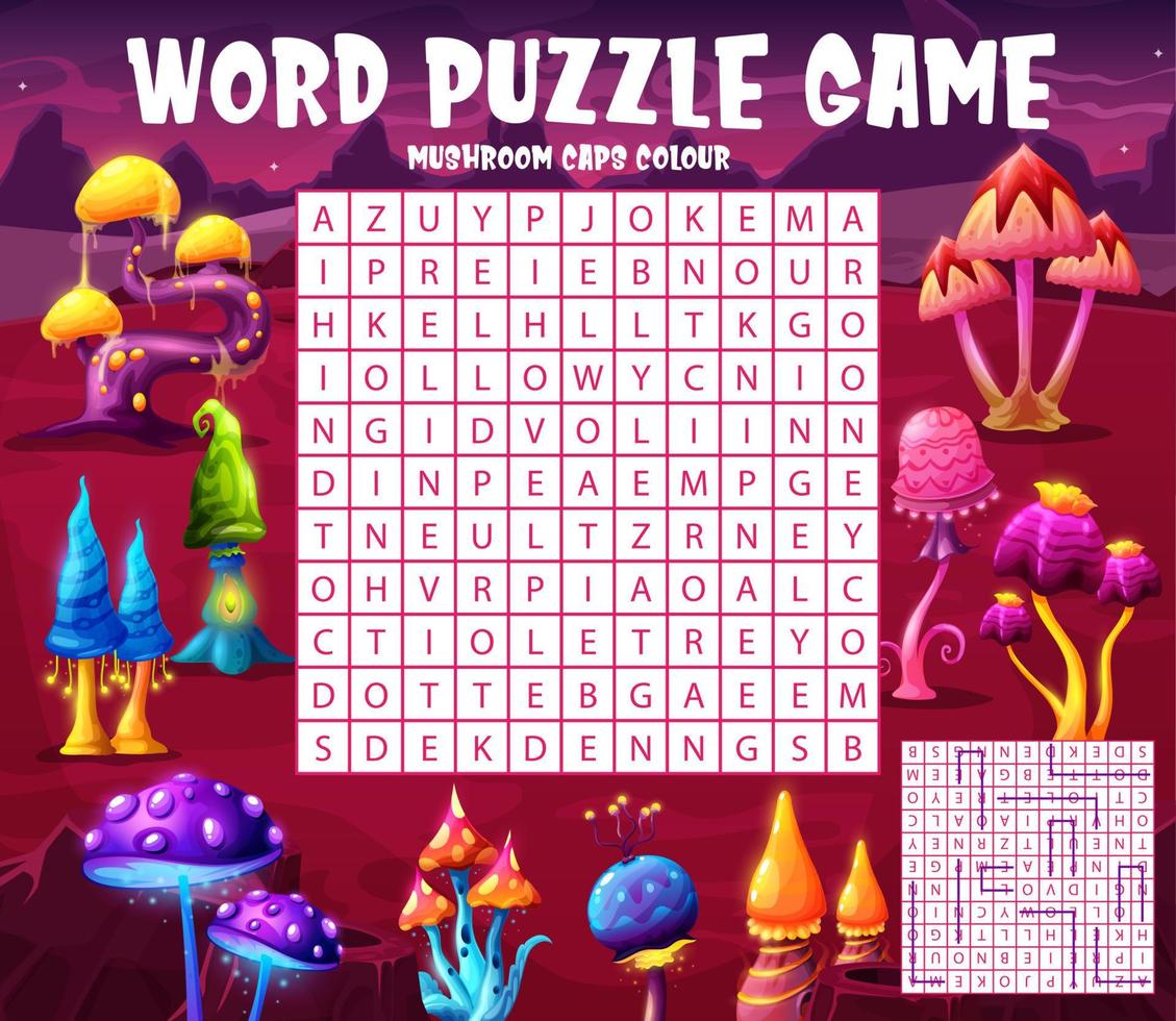 parola ricerca puzzle, quiz gioco con alieno funghi vettore