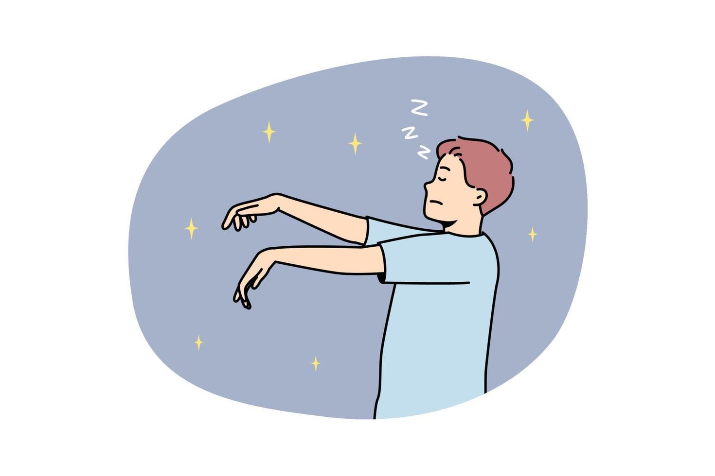 uomo nel pigiama sonnambulismo a notte. giovane maschio addormentato nel pigiama a piedi nel dormire. vettore illustrazione.