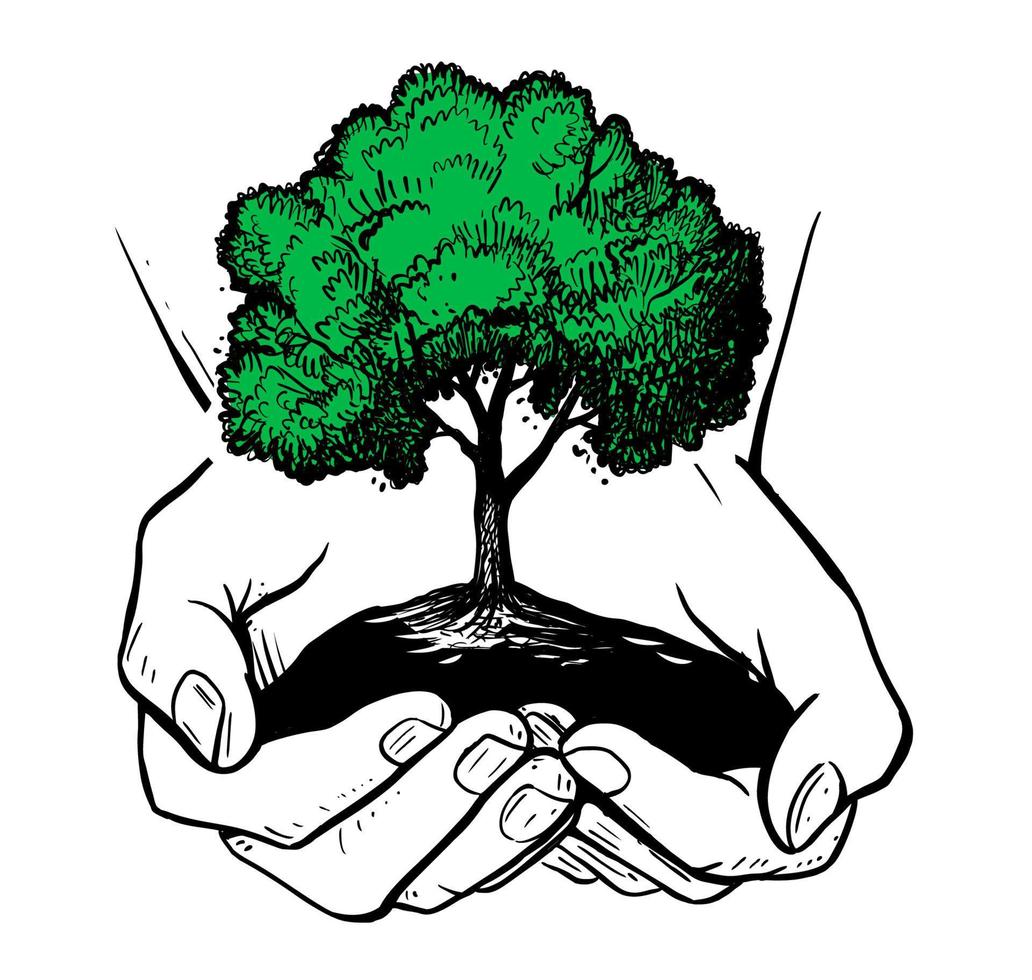 mano con verde albero. ecologia tema vettore