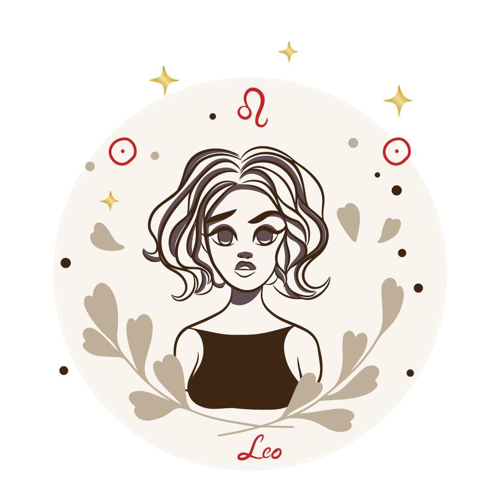 Leo, zodiaco cartello, ragazza con gioielleria, scarabocchio vettore