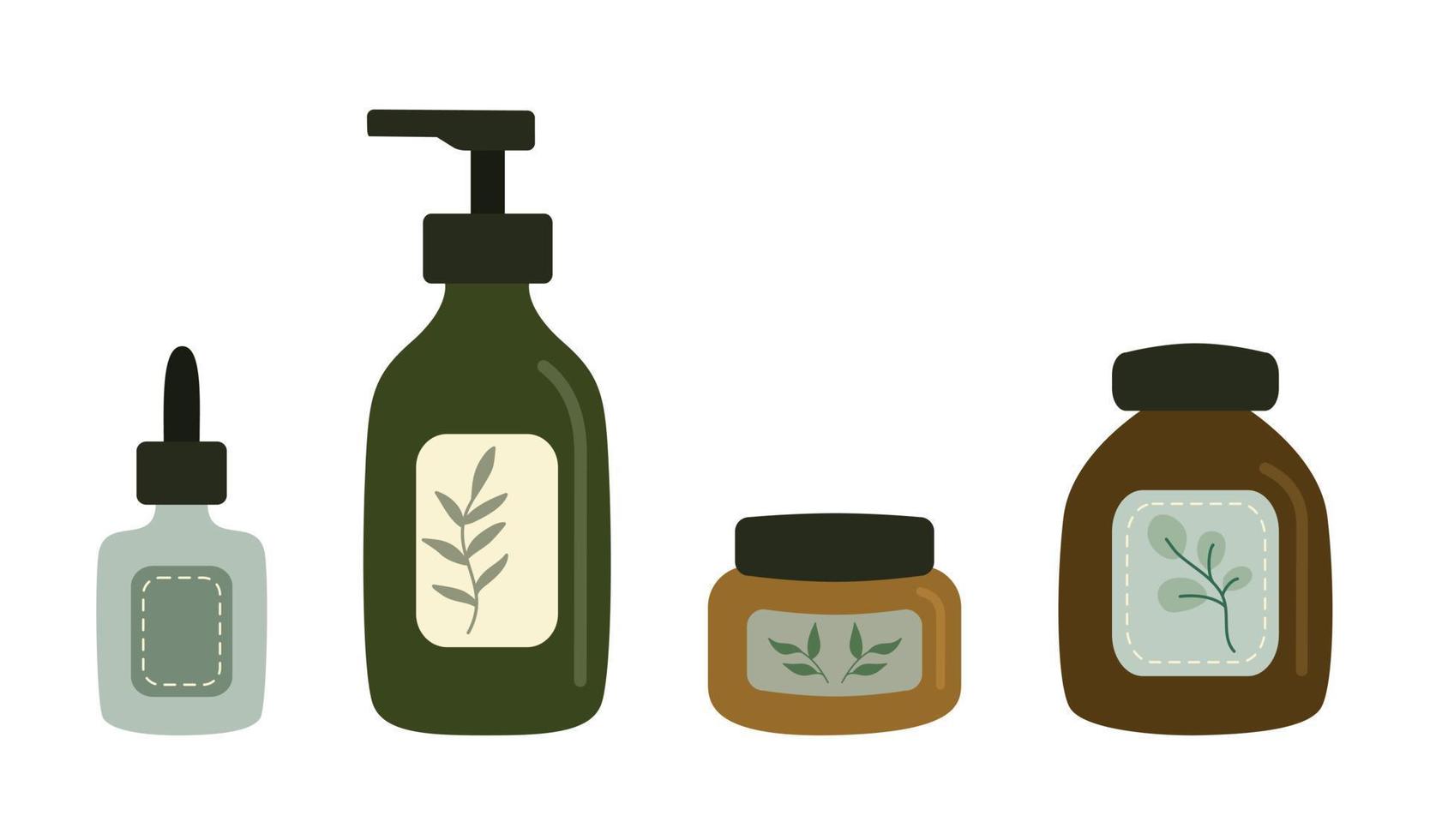 impostato di cosmetico bottiglie eco stile. piatto illustrazione sapone e crema vettore