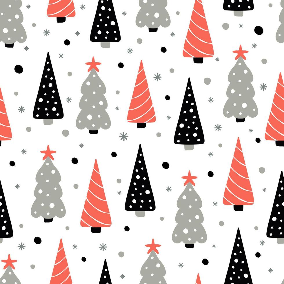 Natale senza soluzione di continuità modello con abete rosso alberi e fiocco di neve puntini su bianca sfondo. sfondo per sfondi, tessili, documenti, regalo scatole, tessuti, ragnatela pagine. Vintage ▾ stile. vettore