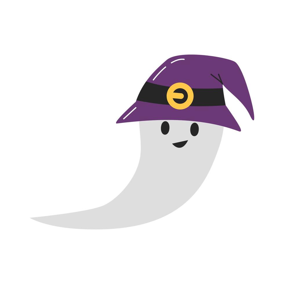 amichevole fischio fantasma silhouette volante nel strega cappello isolato su bianca. carino sorridente fantasma con viola procedura guidata Accessori. divertente Halloween spirito carattere. creatura mano disegnato piatto vettore illustrazione