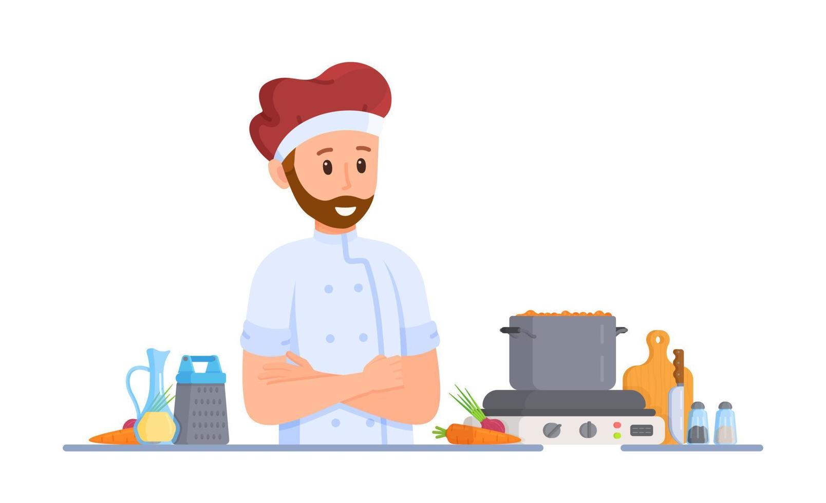 vettore illustrazione di piceola cucinando. un' uomo fabbricazione borscht o la minestra su il fornello.