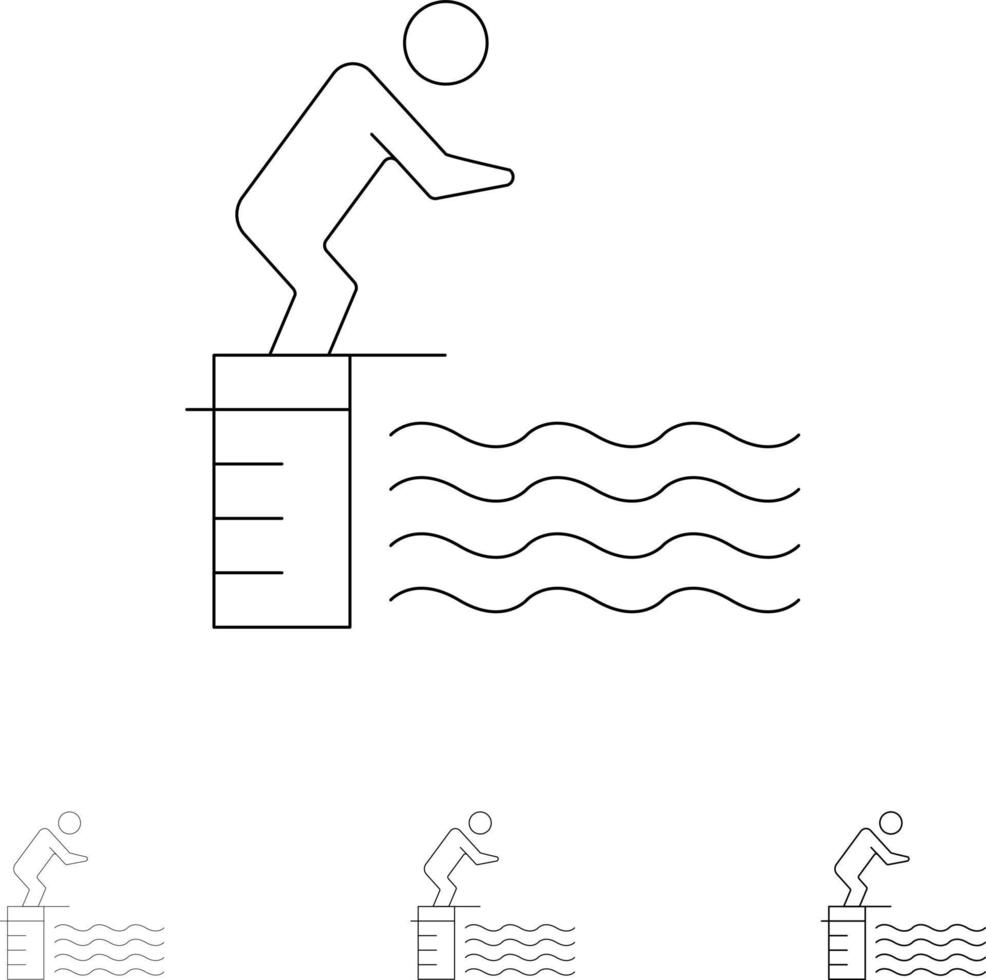 immersione saltare piattaforma piscina sport grassetto e magro nero linea icona impostato vettore