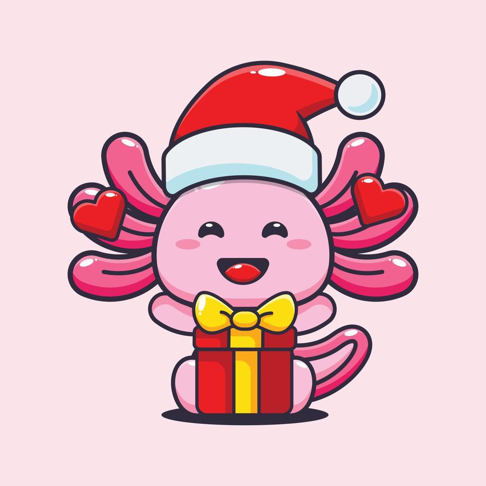 carino Axolotl contento con Natale regalo. carino Natale cartone animato illustrazione. vettore