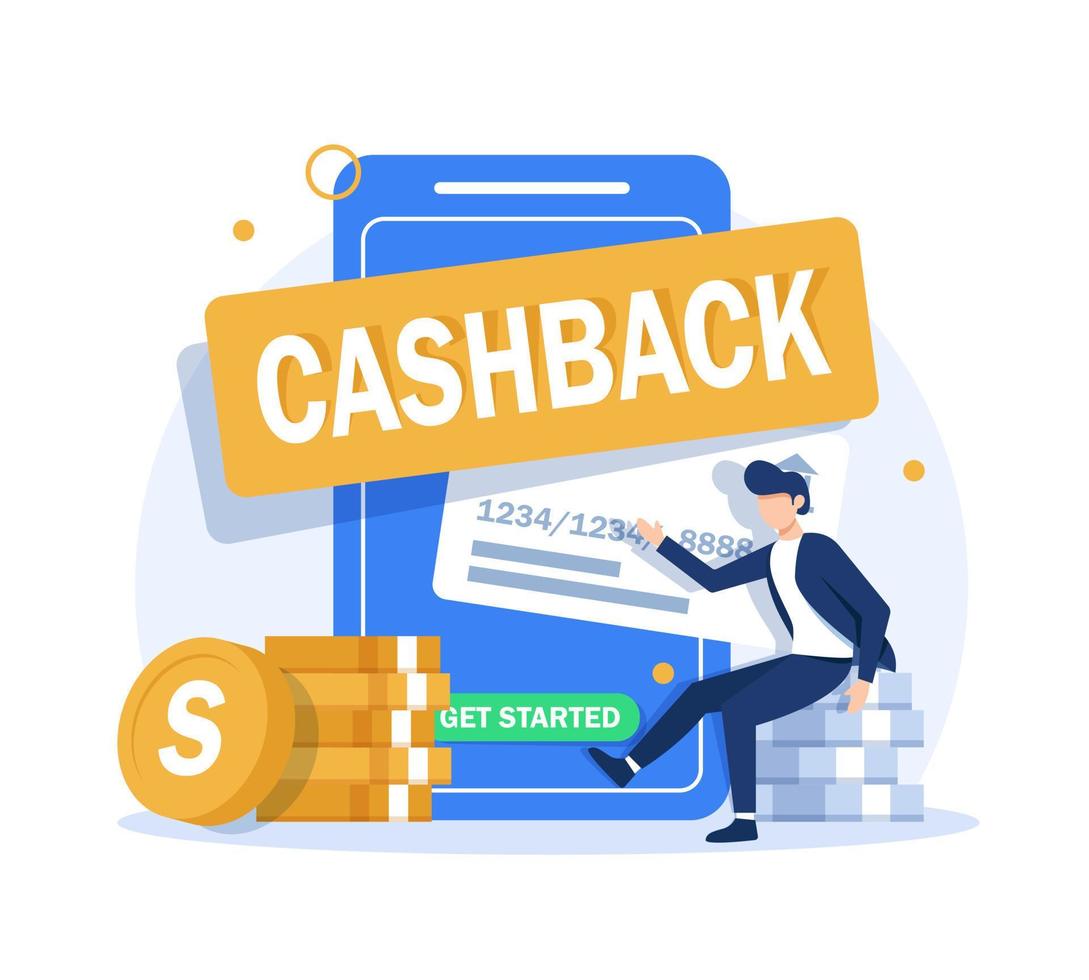 in linea denaro contante indietro o i soldi rimborso concetto. contento persone ricevente cashback per acquisti. grande Telefono con pulsante ottenere iniziato il cashback vettore