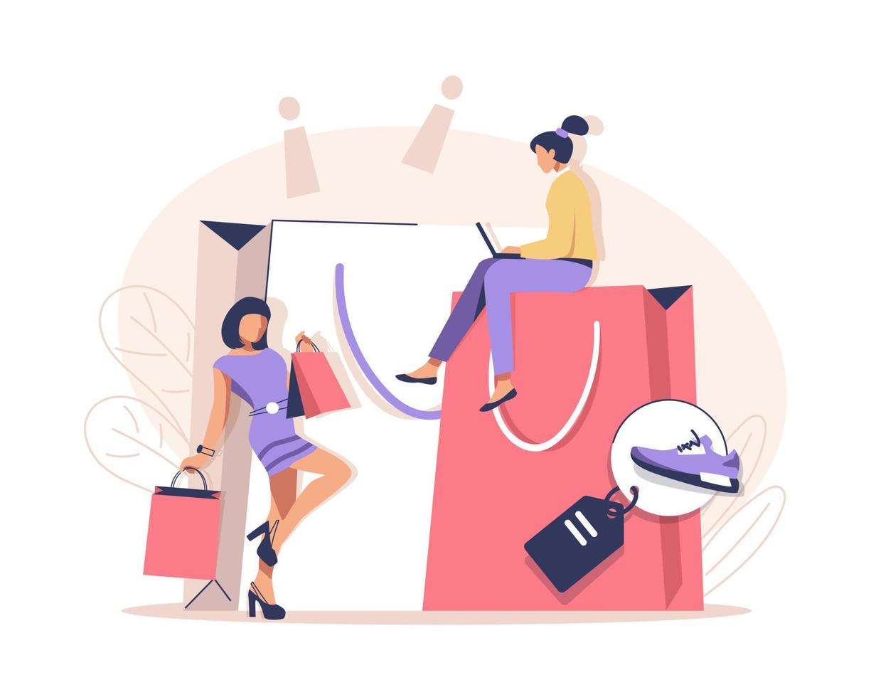 consumatore Visualizza, scegliere e acquistare moda elementi su e-commerce mercato su computer schermo, piatto design icona vettore illustrazione