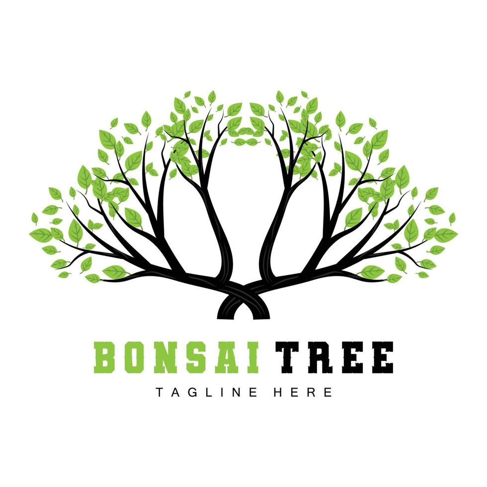 verde albero logo disegno, Bonsai albero logo illustrazione, foglia e legna vettore