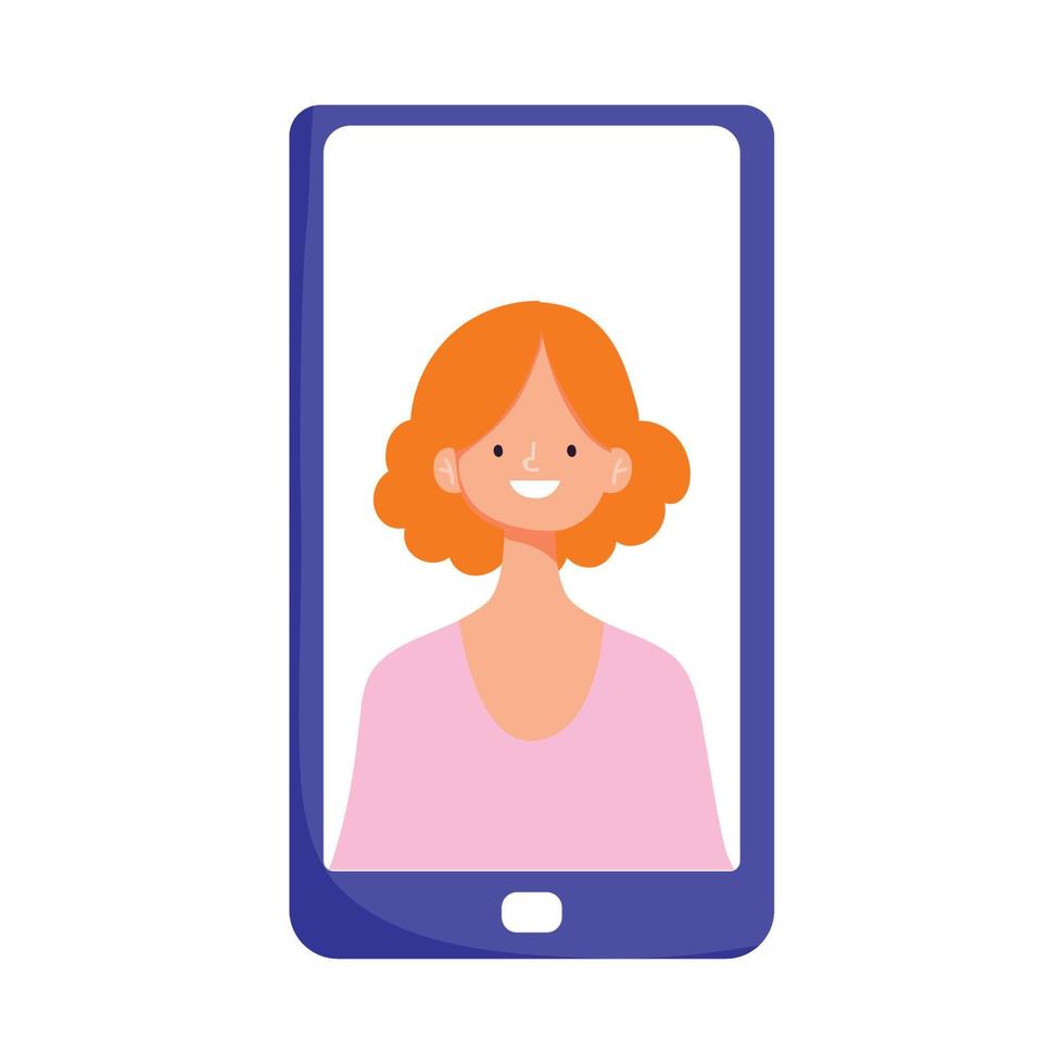 smartphone donna nel schermo video isolato icona design bianca sfondo vettore