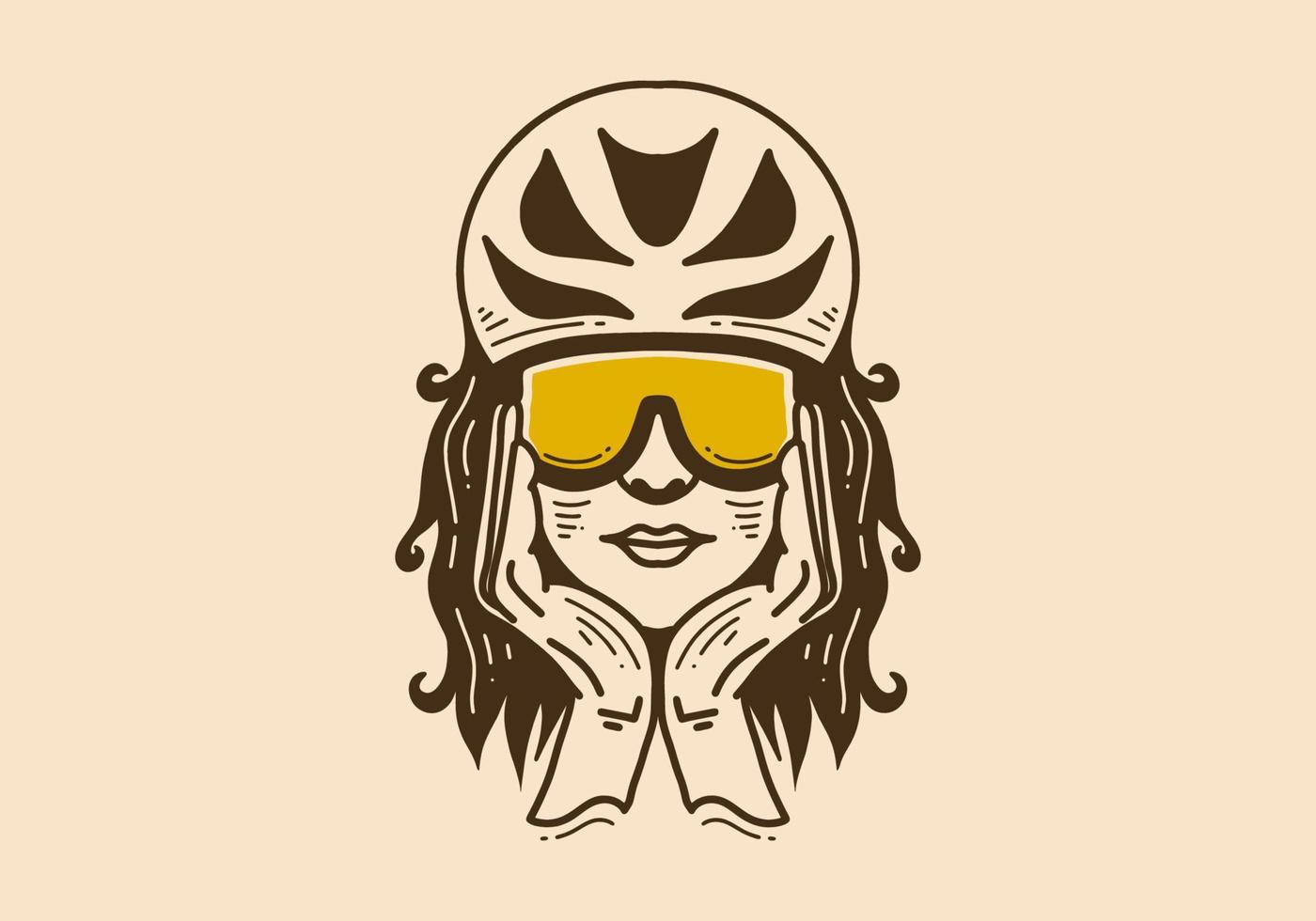 Vintage ▾ arte illustrazione di un' donna indossare bicicletta casco vettore