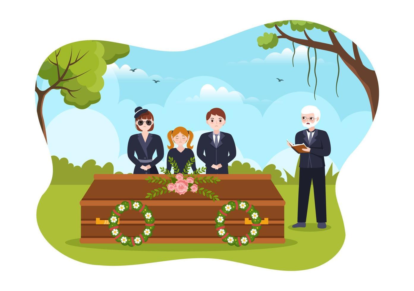 funerale cerimonia nel tomba di triste persone nel nero Abiti in piedi e ghirlanda in giro bara nel piatto cartone animato mano disegnato modello illustrazione vettore