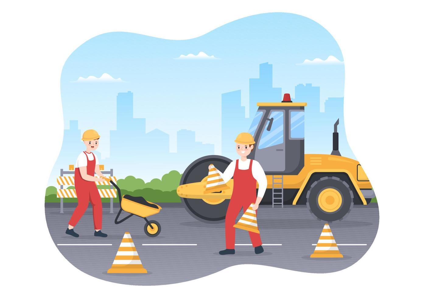 strada costruzione e autostrada Manutenzione lavoratori Lavorando su asfalto strade con perforazione macchina su piatto cartone animato mano disegno modello illustrazione vettore