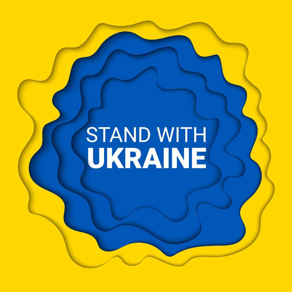 vettore carta tagliare giallo e blu sfondo illustrazione di pregare per, In piedi insieme a, fermare guerra concetto con divieto cartello su bandiera colori. In piedi con Ucraina e militare attacco bandiera