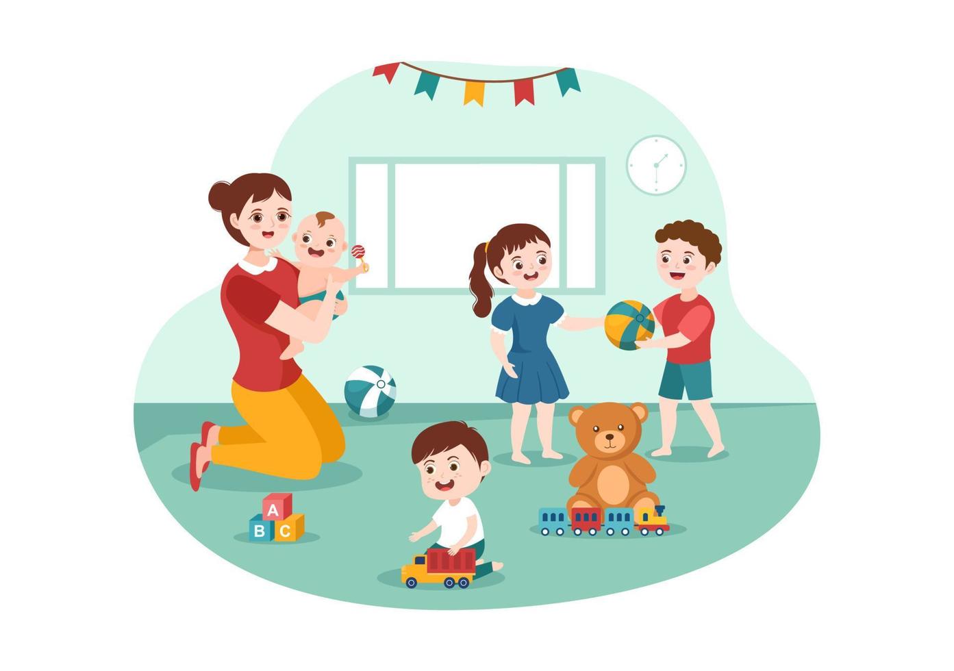 baby-sitter o bambinaia Servizi per cura per fornire per bambino esigenze e giocare con bambini su piatto cartone animato mano disegnato modello illustrazione vettore