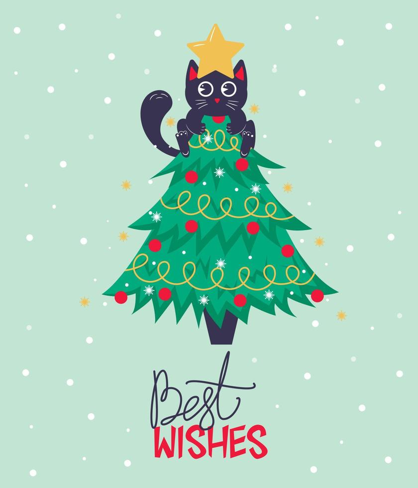 Natale carta, bandiera o manifesto modello con Natale albero e carino nero gatto seduta su superiore con migliore auguri lettering vettore