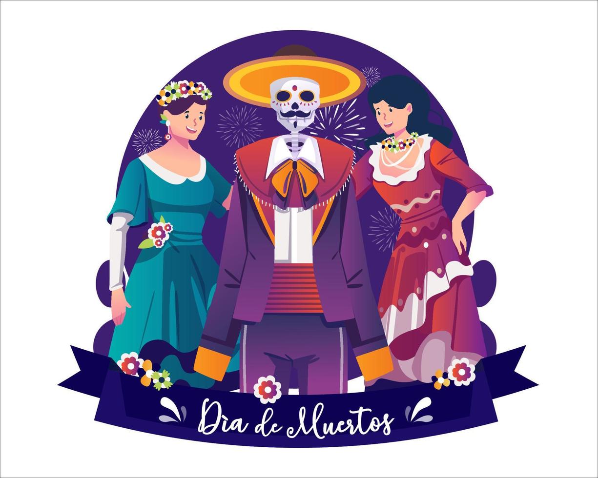Due donne con Calavera vestiti, un' mariachi scheletro, e un' sombrero celebrare il giorno di morto, dia de los muertos messicano vacanza. vettore illustrazione nel piatto stile