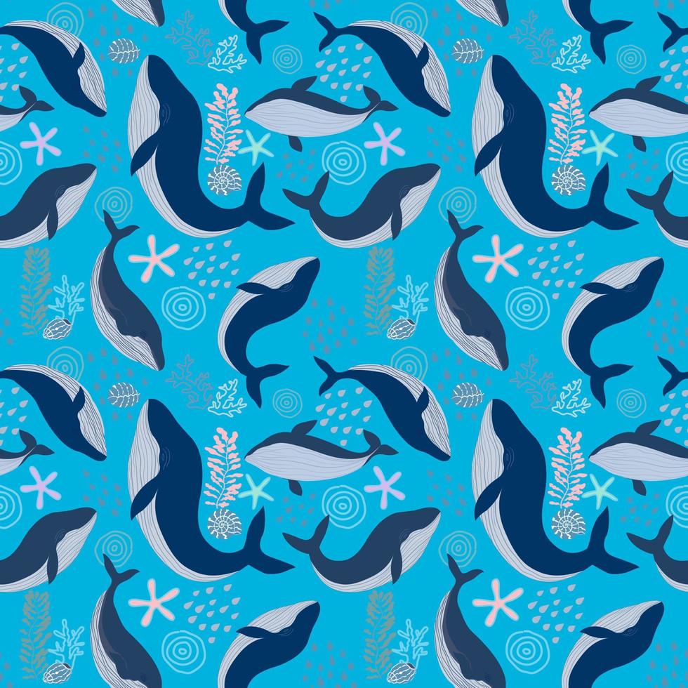 vettore senza soluzione di continuità modello con blu balena e guscio, corallo, stella pesce, illustrazione astratto animale nel oceano disegno su blu sfondo per moda tessuto tessile stampa, sfondo e carta involucro