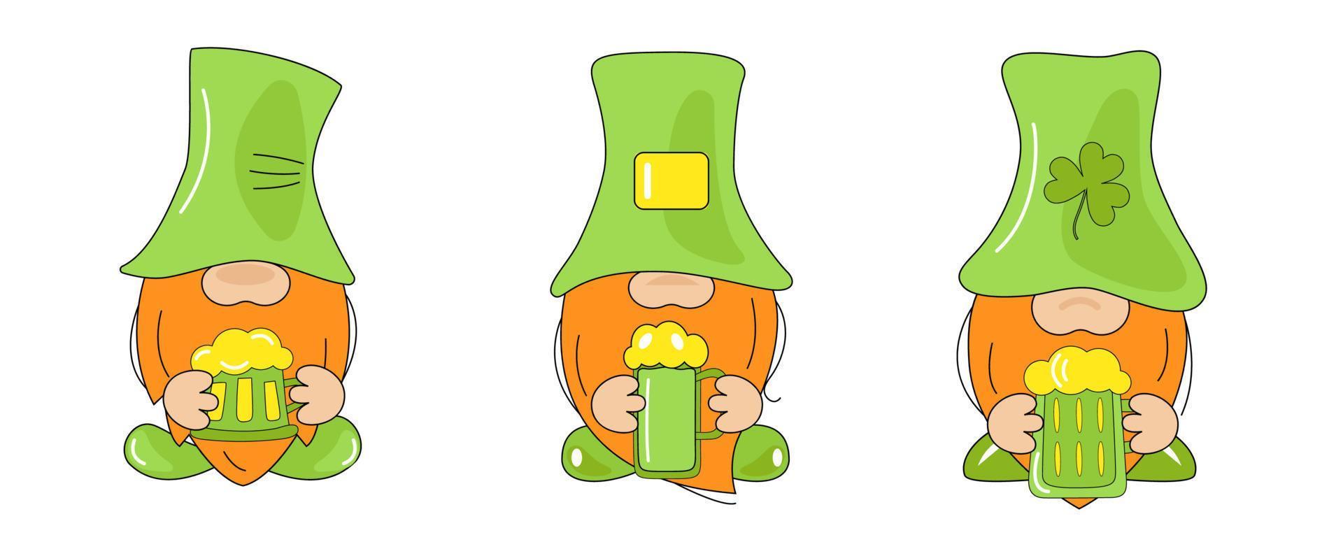 st. Patrick giorno irlandesi gnomi con boccale birra per bene fortuna. cartone animato gnomi isolato su bianca sfondo. vettore illustrazione
