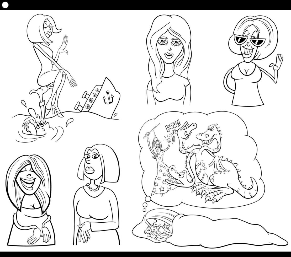 cartone animato donna comico personaggi impostato colorazione pagina vettore