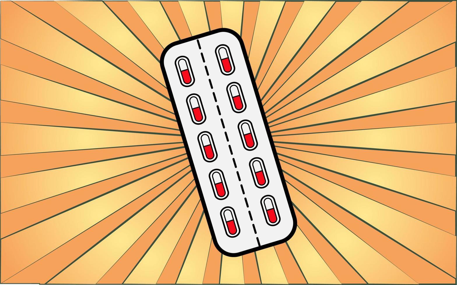 medico farmacologico rosso e bianca medicinali, bolla per compresse e pillole per Salute cura su un' sfondo di astratto giallo raggi. vettore illustrazione