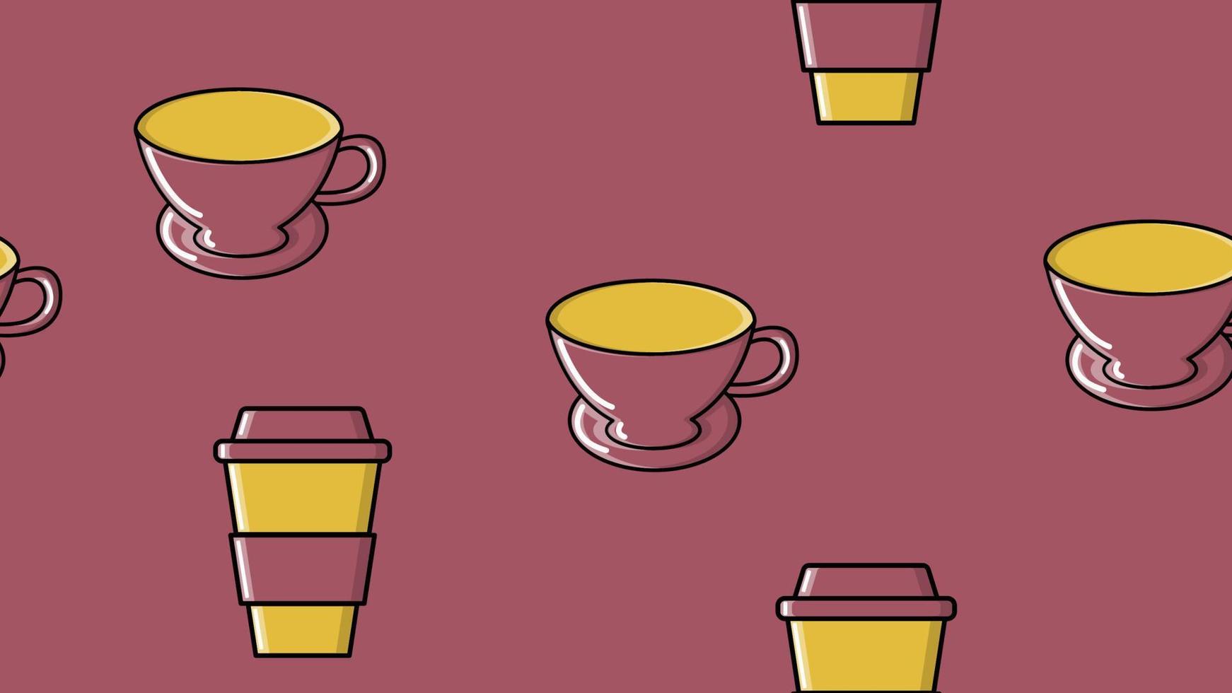 senza soluzione di continuità modello di ripetendo bicchieri e ceramica tazze con un' Presto caldo tonificante caffè americano caffè espresso arabica nel un' cartone tazza per partire su un' viola sfondo. vettore illustrazione