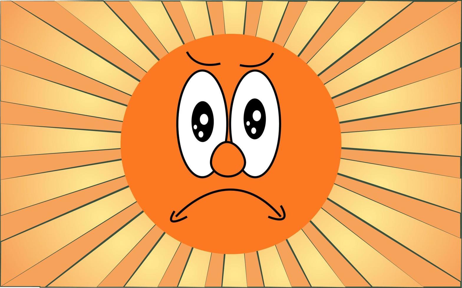 emotivo arancia il giro arrabbiato triste viso emoji su un' sfondo di astratto giallo raggi. vettore illustrazione