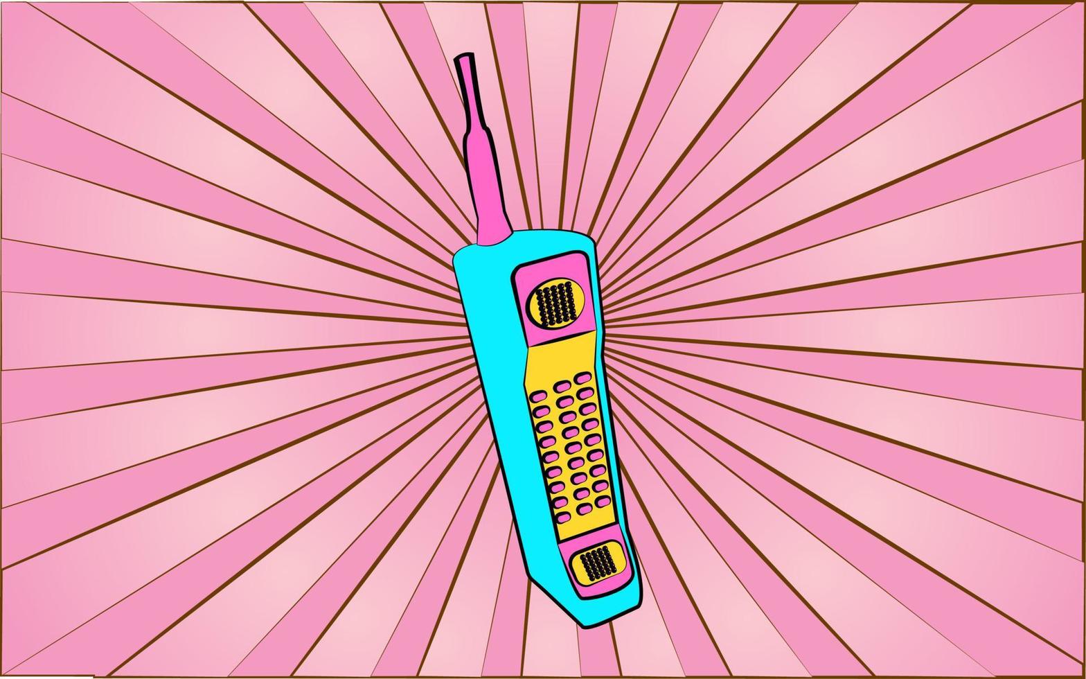 retrò vecchio antico fricchettone mobile Telefono a partire dal il anni '70, anni 80, anni 90, anni 2000 contro un' sfondo di astratto rosa raggi. vettore illustrazione
