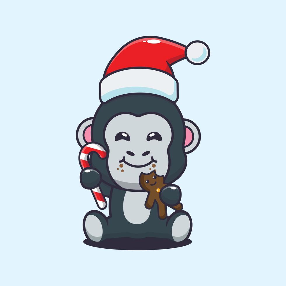 carino gorilla mangiare Natale biscotti e caramella. carino Natale cartone animato illustrazione. vettore